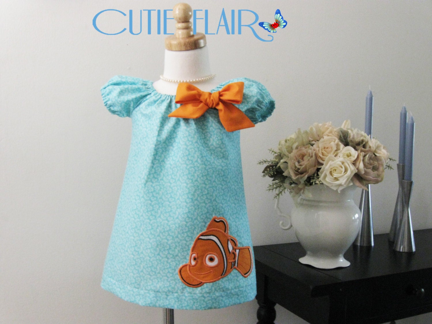 Finding Nemo Girls Peasant Dress, teal and orange, boutique style, tunic toddlers, sundress, custom sizes 12m, 18m, 2t, 3t, 4t