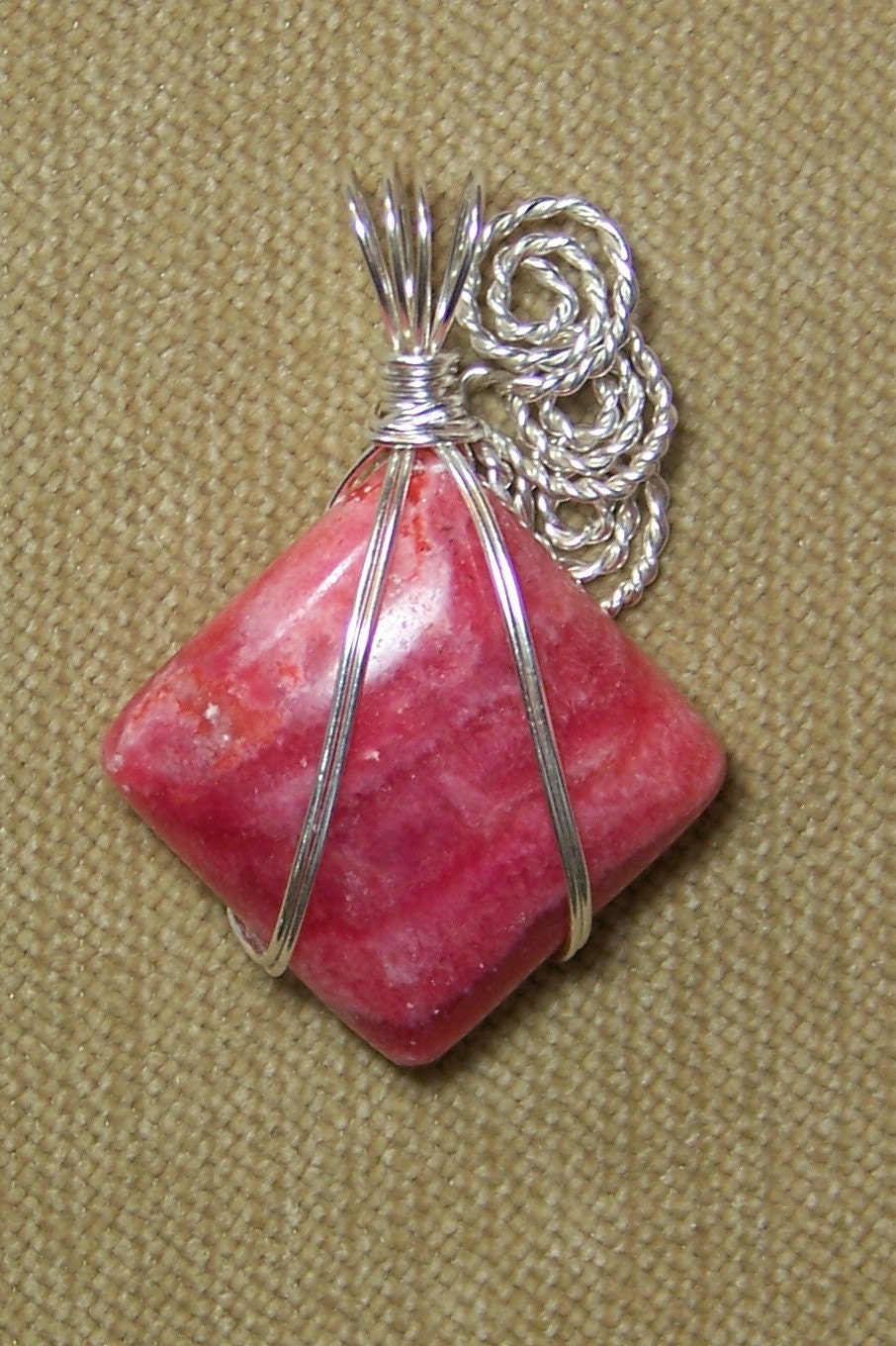 Pink and Red RHODOCROSITE Sterling Silver Plate Wire Wrap Necklace Pendant