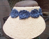 Braided Straw Visor with Denim Rosette Band