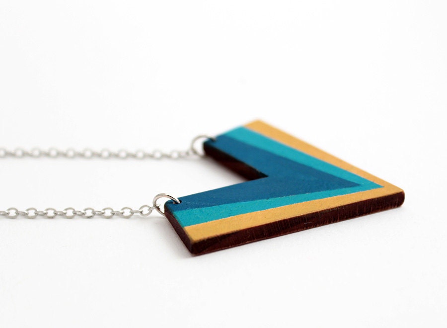 Geometric chevron necklace - yellow, emerald green, petrol blue - minimalist, modern jewelry - color blocking