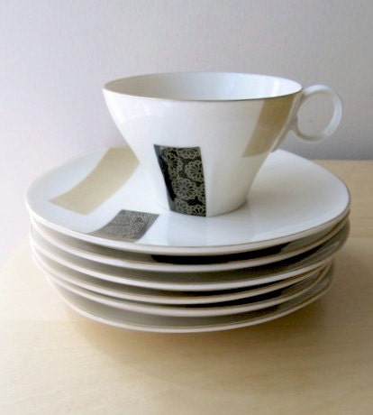 asian modern block graphic cups and plates, black and tan porcelain
