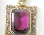 Victorian Amethyst Pendant Brass Filligree Faceted Authentic Amethyst Stone Antique Vintage