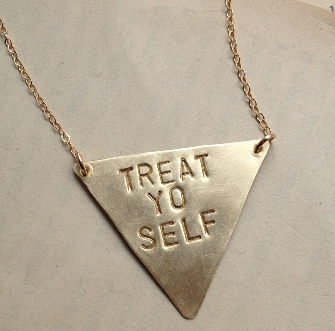 Stamped Triangle Necklace, treat yo self necklace or Custom Message, Geometric Jewelry brass stamped triangle necklace