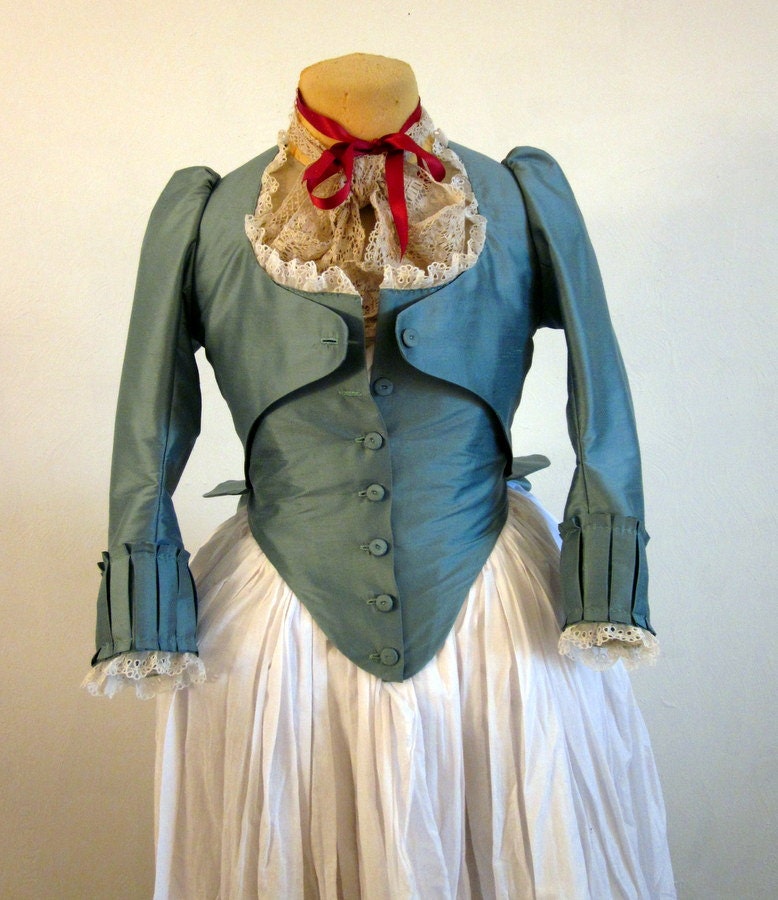 Jacket 18th Century Zone Front Marie Antoinette Style in blue silk, size Small