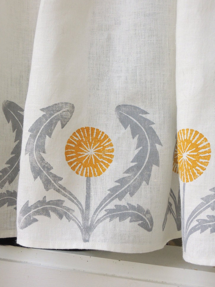 Dandelion Cafe Curtain hand printed in gray and yellow ochre 57 x 27 inch home decor set of two panels