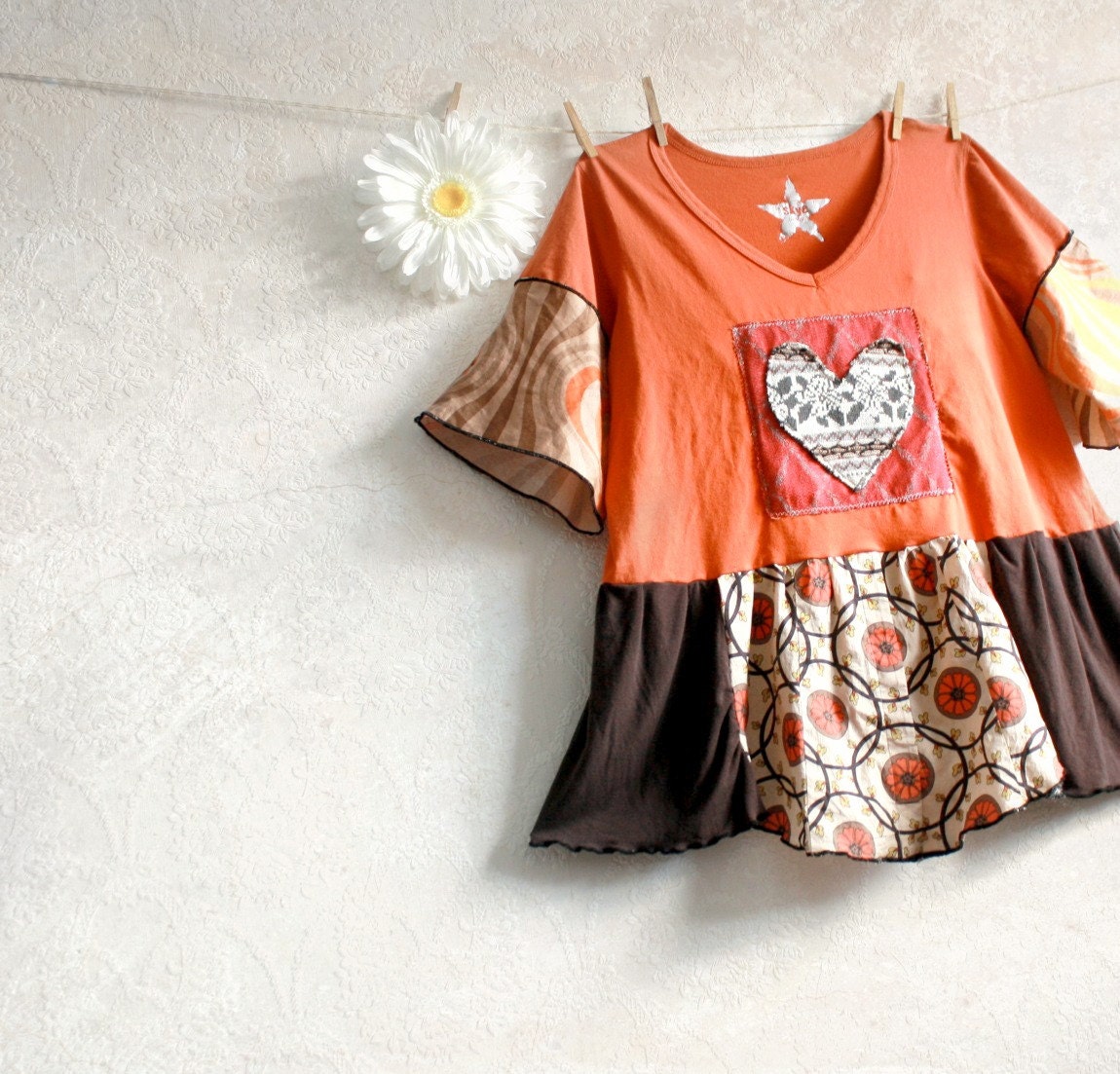 Burnt Orange Tunic Top 1X 2X Plus Size Clothing Bohemian Shirt Valentine Heart Brown Earth Tones Women's Eco Clothes Fair Isle 'HARRIET'