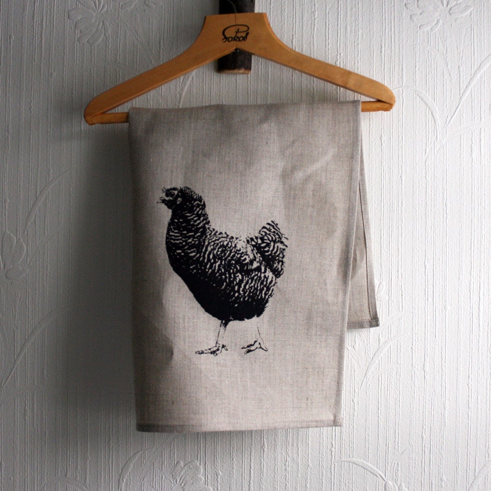 Hand screen printed teatowel with Inger the Hen by strandredesign