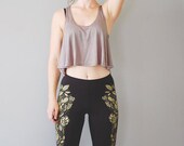 Carmen Legging - Black with Metalic Gold - Romantic floral printed Leggings Tights Printed flower Leggings - by Bark Decor