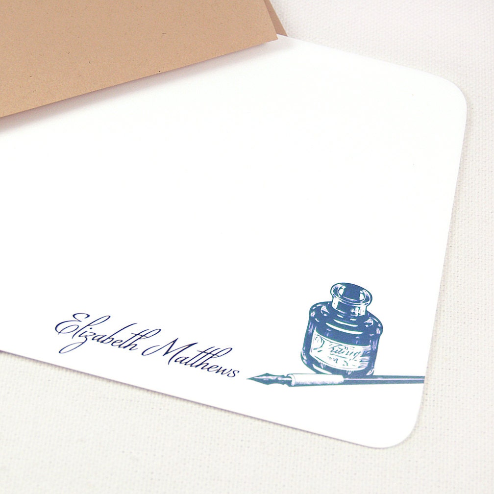 personalized stationery set - ANTIQUE PEN and INKWELL - set of 12 - choose color - personalized stationary flat note cards