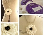 Irene Brooch Pendant Necklace. Vanilla muslin and black flower pendant on long chain necklace handmade by Cardinal House in Atlanta.