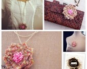 Irene Brooch Pendant Necklace. Summer plaid and pink beaded fabric flower on long chain necklace handmade by Cardinal House in Atlanta.