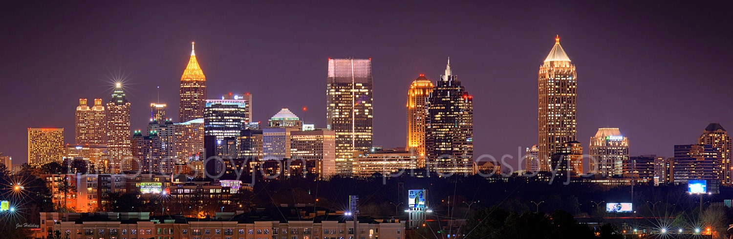 Atlanta Skyline at Night Color or BW 12x36 Downtown Midtown Panoramic Photo Poster Cityscape Standard Size