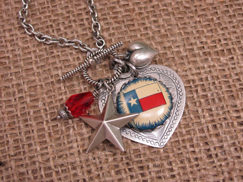 For the Love of Texas - Upcycled Pinback Button Texas Themed Charm Necklace - Red, White, Blue - Silver Toggle Clasp