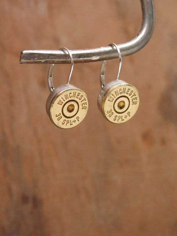 Bullet Casing Jewelry - Brass Winchester 38 Special Bullet Casing STERLING SILVER Leverbacks / Bezel Cup Earrings