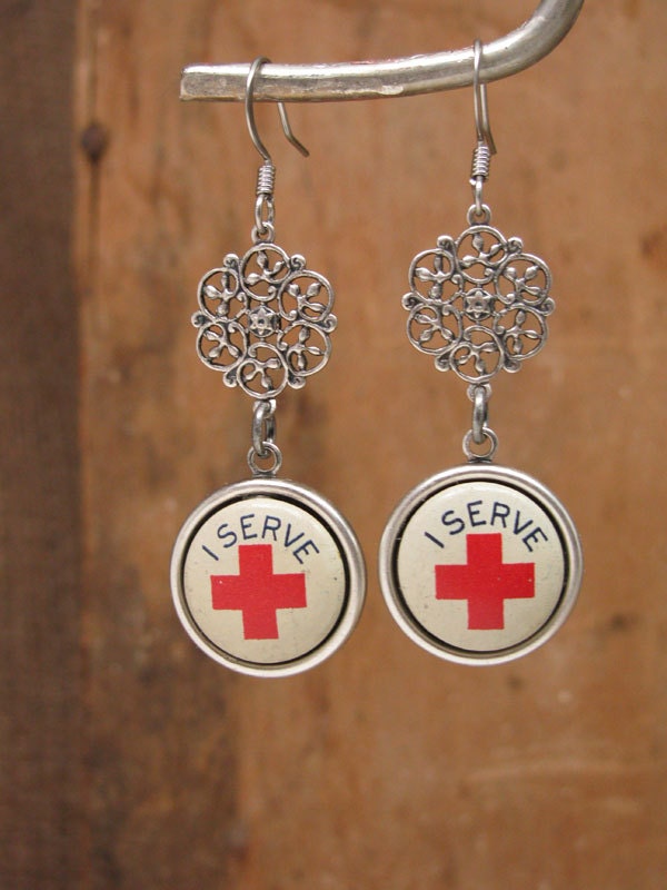 Upcycled Jewelry - Authentic American Red Cross Pinbacks Converted into Vintage Inspired Earrings