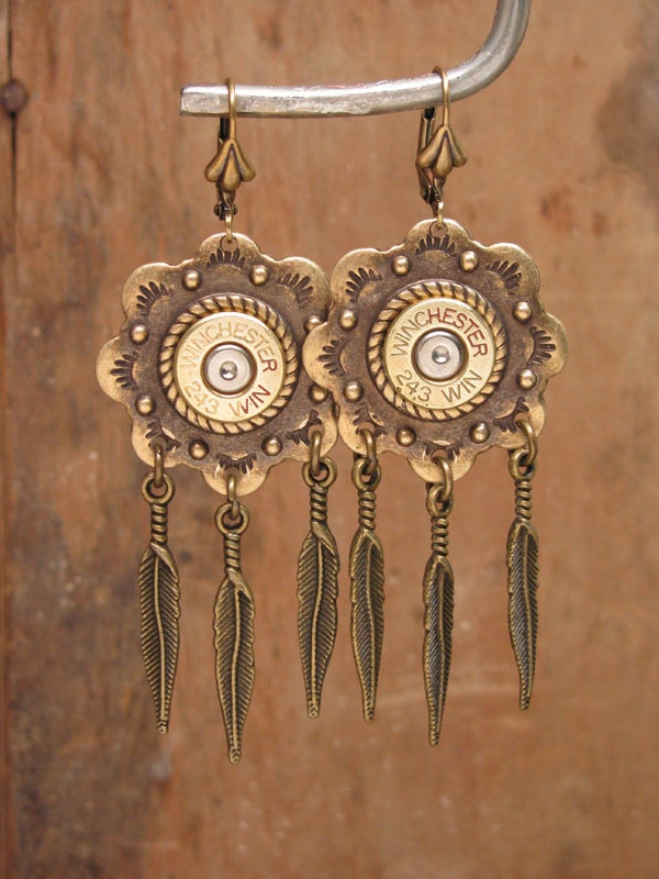Bullet Casing Jewelry - Southwest Style Bullet Casing - Concho and Feather Leverbacks - Available in Antique Silver or Antique Brass