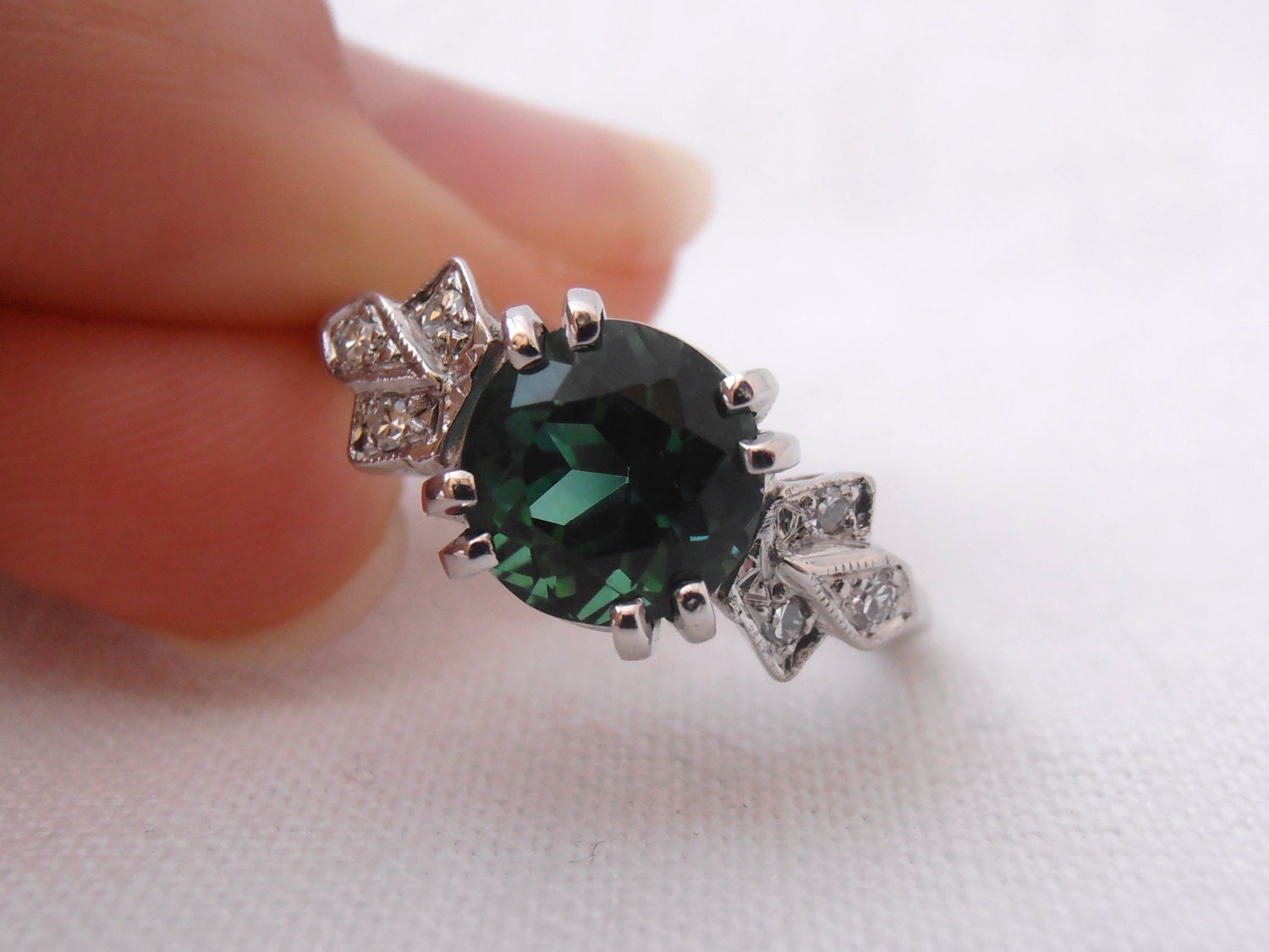 Emerald Green Tourmaline and Diamond Platinum Engagement Ring