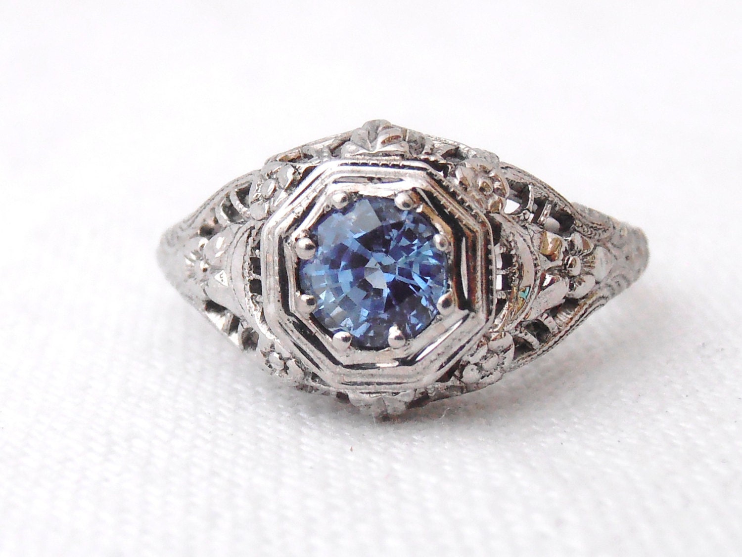 Edwardian Filigree Domed Floral Ring featuring a .79ct Blue Sapphire in 18k White Gold