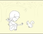 5x7 Woodland Pen & Ink Fairy Drawing. Claire Pootsie Fairy. Squirrel Print. Girls Room. Wall Art. Simple. Enchanted Forest. Woods. For Her.