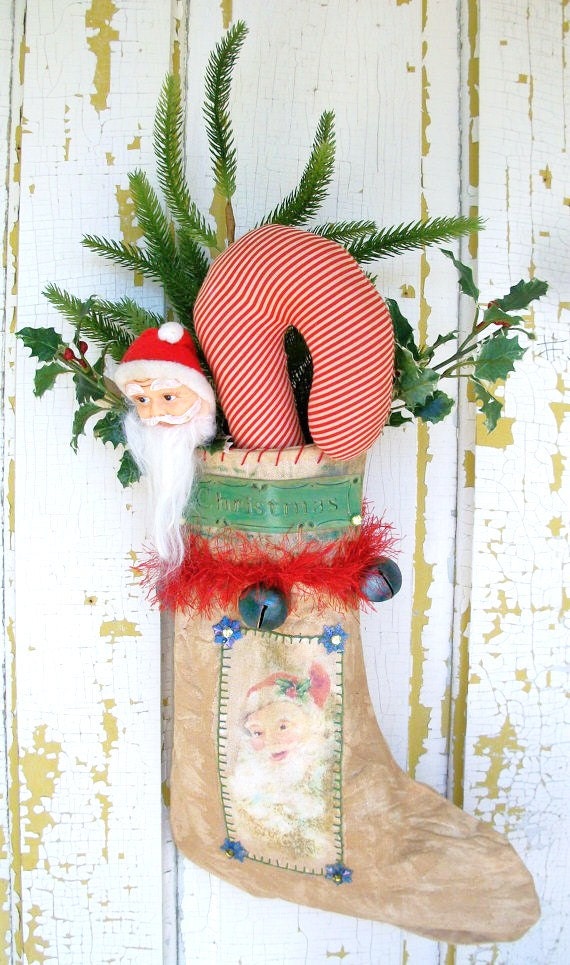 Handmade Hanging Stocking  Decoration Fabric Candy Cane Vintage Santa Head Pick Floral picks Rusty Bells Christmas Holiday Decor