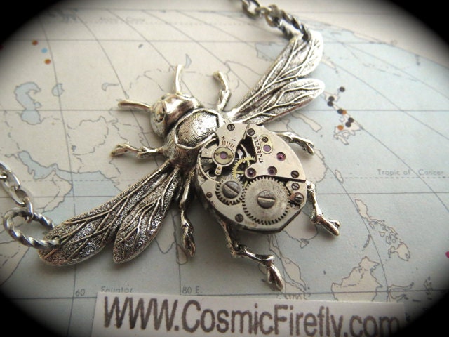 Steampunk Necklace Bee Jewelry Vintage Watch Movement Antiqued Silver Plated Gothic Victorian Rustic Finish