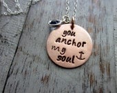 You Anchor My Soul, Hand Stamped Copper Necklace, Sterling Silver, Mixed Metal, Charm, Swarovski Crystal, Nautical, Inspirational, Quote