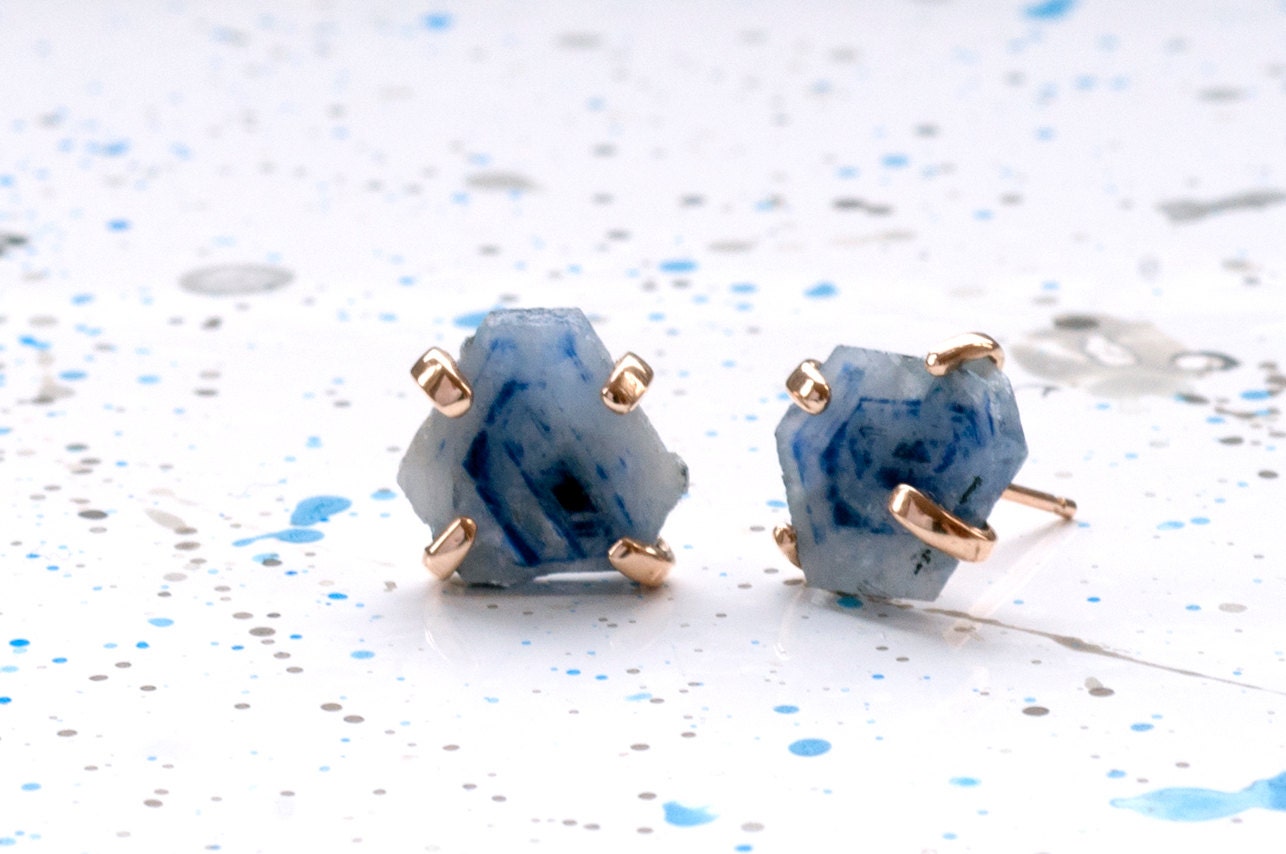 Handmade Ethical Rough Sapphire Slice Stud Earrings, Recycled 14kt Yellow Gold