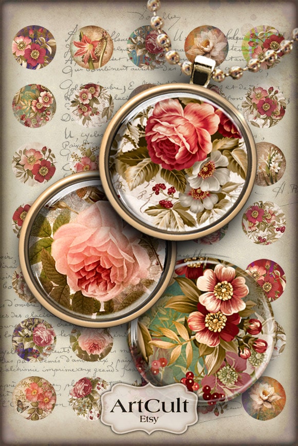 EVENING FLOWERS - Digital Collage Sheet 1inch circle images Printable Download for glass and resin pendants and magnets