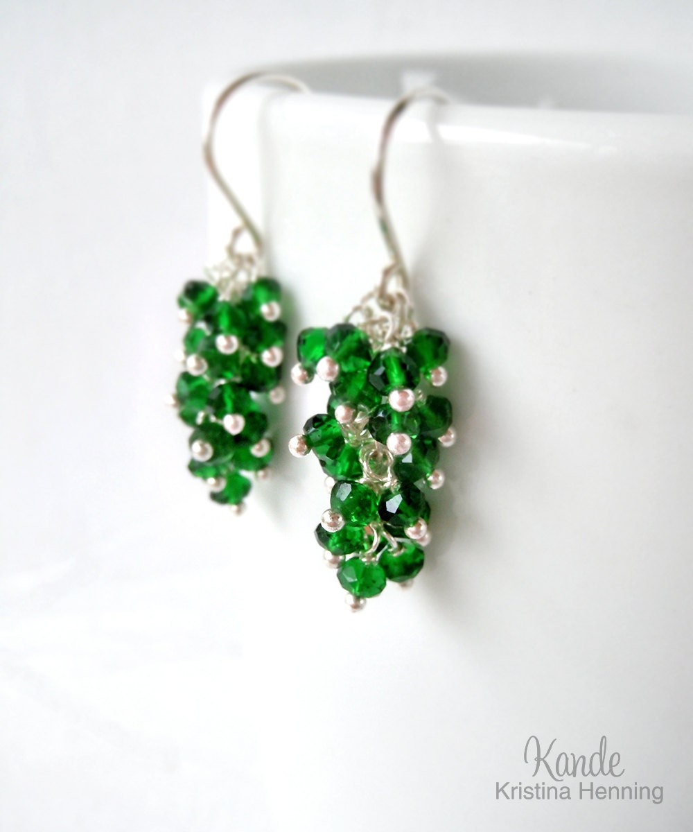 Emerald Green Earrings Gemstone Cluster Drop Dangle Quartz Kelly Green Wire Wrapped Fine Silver Kande - Kande