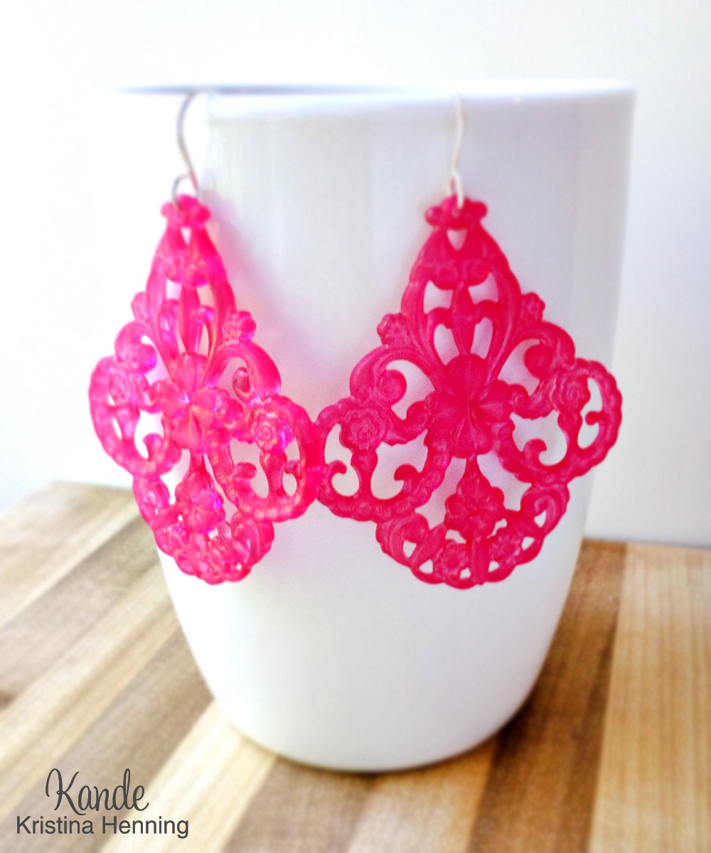 Hot Pink Chandelier Earrings, Lucite Large Drop, Silver, Kande Kristina Henning - Roxanne