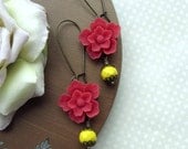 A Bright Red Sakura Flower, Lemon Yellow Glass Beads Dangle Drop Earrings. Statement. Bright. Gifts for Her. Frida Kahlo Inspired.