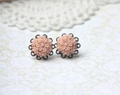 Blush Soft Pink Rose Flower Bouquet, Antiqued Bronze Lace Filigree Ear Posts. Bridesmaids Gifts. Bridal. Daughter. Sister.  Flower Girl.