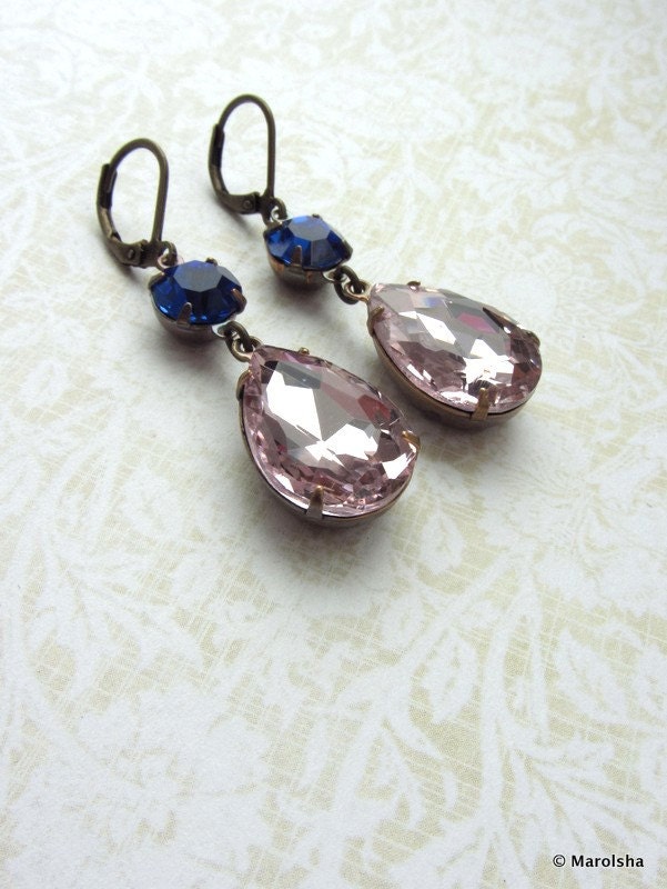 A Light Pink Vintage Pear Teardrop Jewel, Deep Blue Sapphire Jewel Bridal Earrings. Wedding Earrings. Bridesmaids Gift. Blue & Pink Wedding.