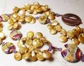 Handmade Jewelry Necklace Beaded Statement Lampwork Crystal Keshi Coin Pearl Purple Lavender Sage Green Gold Antique Copper...Mandolin Wind
