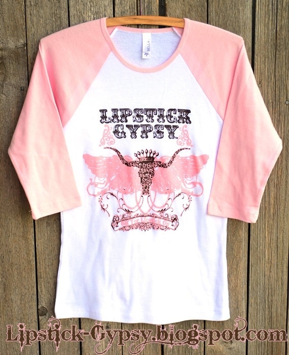 Lipstick Gypsy Original Signature Raglan Tee, COWGIRL, GYPSY, Prairie Style Perfectly Embellished Longhorn with Wings