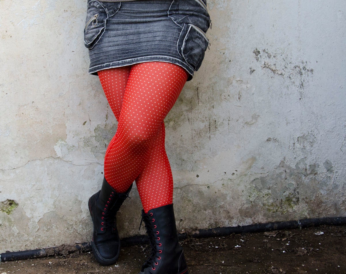 Red Polka Dot Leggings, Elastic Tulle Leggings, Footless Tights