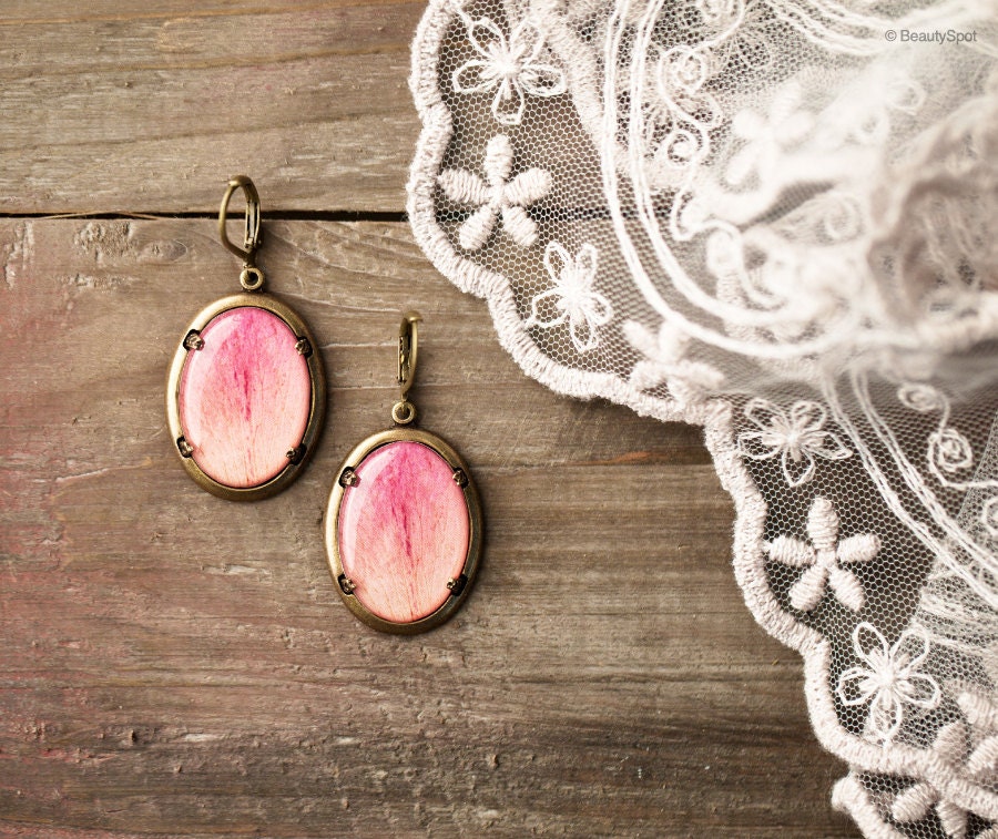 Pink Peony oval leverback earrings - Petals, Flower jewelry - Bloom by BeautySpot (E129)