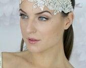 Bridal headpiece,  wedding lace headband ,embellished lace and rhinestone headpiece, wedding halo , wedding hair  - Style 200