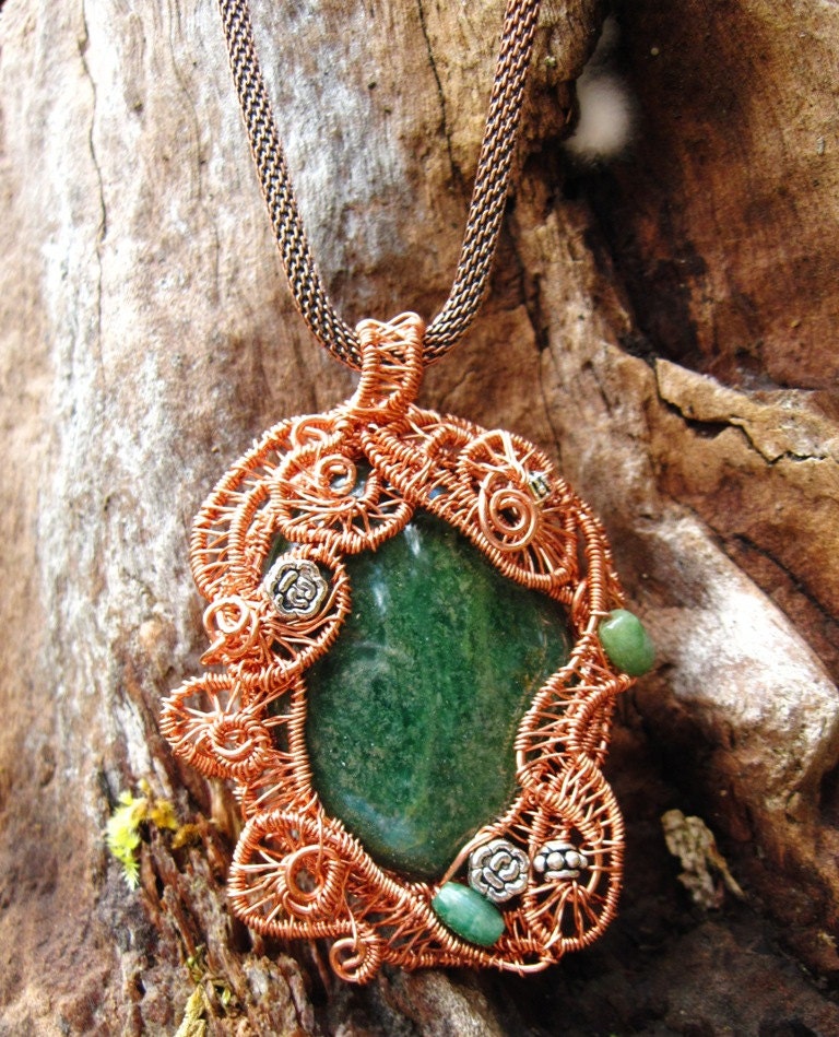 Copper and sterling wire wrap free form African jade cabochon pendant