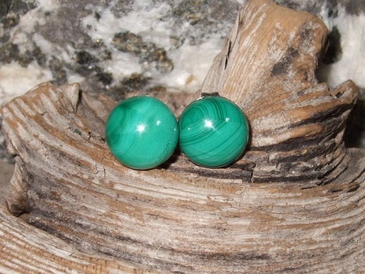 Green Malachite 8mm Stud Post Earrings Earings Titanium Ear Post and Clutch Hypo Allergenic Striped Round