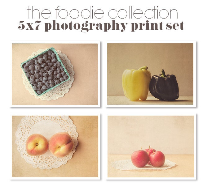 Save 20% / Food Photography Set / Four 5x7 Fine Art Photographs / Berries Vegetables Collection / Kitchen Art Set / Farm Market Finds