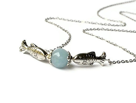Fish couple in love, Gift for pisces, Aquarius necklace, Aquamarine necklace Valentines day gift, funny valentine