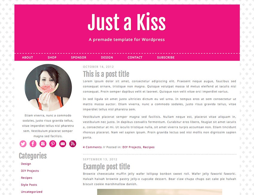 Self-Hosted Wordpress Premade Blog Theme: Just a Kiss - minimalist, bright, bold, template, ombre, pink, magenta, hot pink, gray, pattern