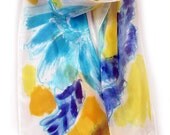 Summer silk scarf paint by hand. Aqua yellow handpainted scarf with abstract flowers.Woman fashion long scarf.Painting on silk by Dimo
