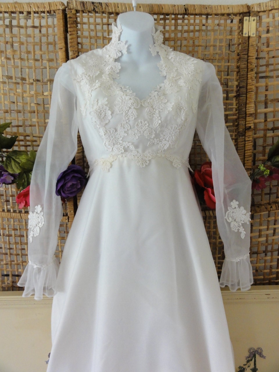 Vintage 70's Daisy Applique Hippie Boho Wedding Dress Gown-Sz X-Small