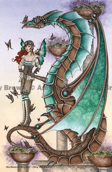 Steampunk Dragon and fairy 8.5x11  PRINT by Amy Brown Mechanical Mischief