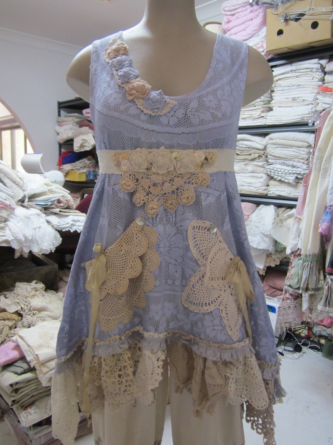 Vintage Kitty..upcycled vintage cotton lace tunic... crochet, doilies, periwinkle blue, shabby chic... ooak.. med - xl