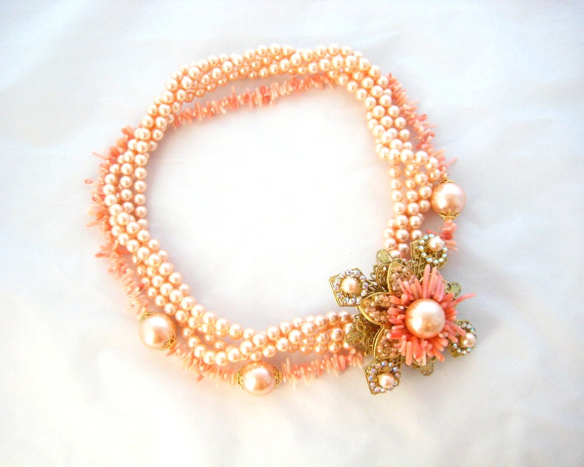 Angel Coral Peach Pearl Beaded Clasp OOAK Statement Flower Necklace