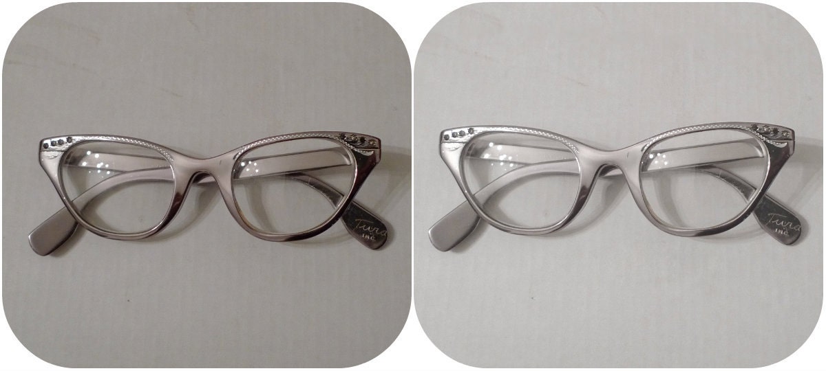 Vintage 50s Rhinestone Cat Eye Glasses /  Very Chrome-y Sunglasses / Aluminum