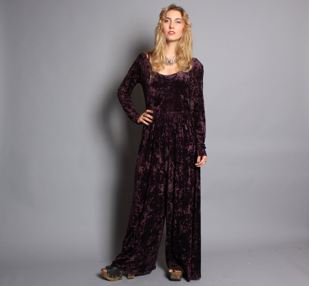 1980s CRUSHED VELVET JUMPSUIT / Plum Purple Wide Leg Jumper, xs-m